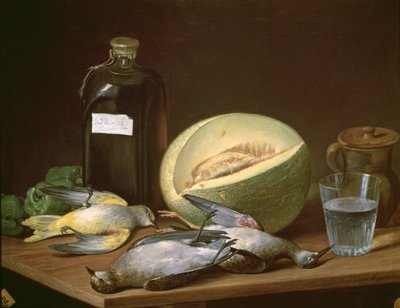 131-0059638 Stilleben med melon och fåglar av Jose Lopez-Enguidanos