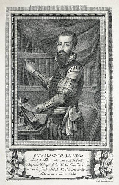 MAEA, Jose (1760-1826). Porträtt av Garcilaso de la Vega. 1791. Teckning av Jose Maea buringravyr av Bartolome Vazquez. Etsning. av Jose Maea
