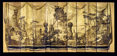 Vision Mediterranea, elvabladig skärm, ca 1925 (olja på förgylld träpanel) av Jose Maria Sert y Badia