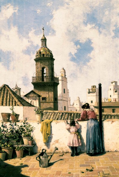 Takterrass i Cadiz. En mor och dotter vattnar förmodligen växterna med vattenkanna mitt på altanen. Målning av Jose PEREZ SIGUIMBOSCUM (1800-talet), sent 1800-tal Olja på duk. Cadiz, Museo Provincial de Cadiz. av Jose Perez Siguimboscum