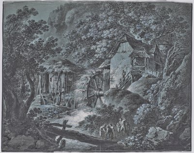Kvarn i ett skogslandskap med flera människor och en jätte av Josef Abel