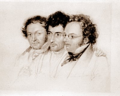 Från vänster till höger: Jenger, Httenbrenner och F. Schubert. Acquarelle av Feltscher. av Josef Eduard Teltscher