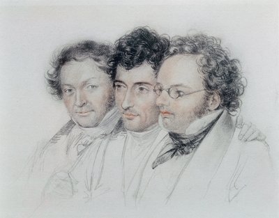 Från vänster till höger vänner till kompositörerna Johann Baptist Jenger (1793-1856), Anselm Huttenbrenner (1794-1868) och Franz Schubert (1797-1828), pastell av Josef Teltscher av Josef Eduard Teltscher