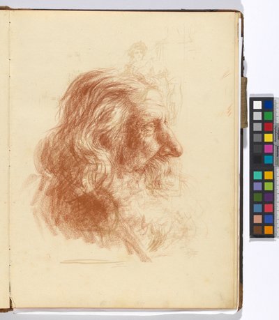 Blad ur en skissbok: studie av en skäggig man (verso: studier till en kvinnlig kostymfigur och till ett målaralbum) av Josef Engelhart