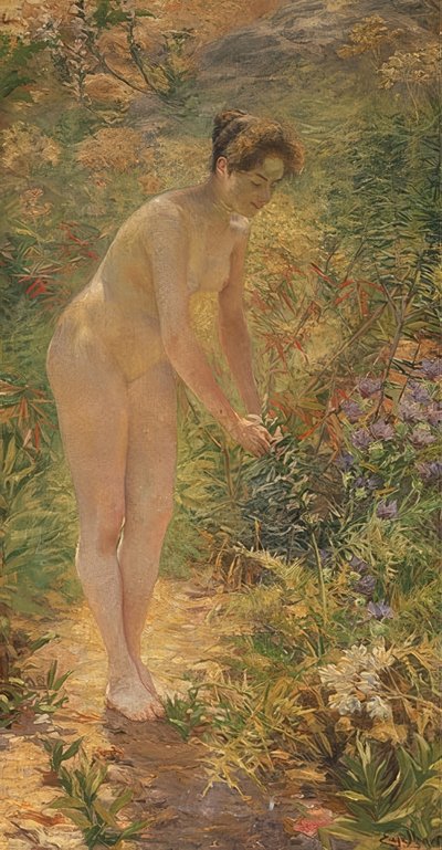 Stående kvinnlig naken i trädgården. Omkring 1900 av Josef Engelhart