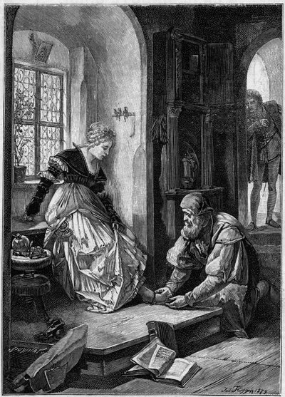 Eva i Hans Sachs verkstad (akt III i operan “Die Meistersinger von Nurnberg””, på franska “The Master Singers of Nurnberg”” av Richard Wagner, skriven 1868) baserad på Joseph Fluggens målning. Gravyr i "The Illustrous World" av Josef Fluggen