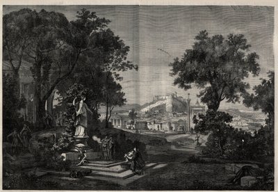 Antikens Grekland: utsikt över trädgårdarna i Venus a Athenes. Gravyr efter en målning av Joseph Hoffmann i "The Illustrous Universe" av Josef Hoffman