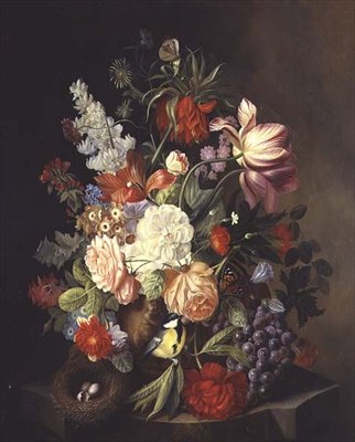 Ett stilleben av blandade sommarblommor i en urna (olja på duk) av Josef Holstayn