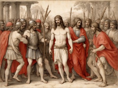 Jesus_hånad och slagen av romerska soldater_02 av Josef Johann Michel
