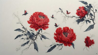 bläckmålning: PION i rött_01 av Josef Johann Michel