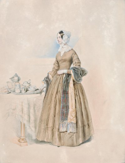 Porträtt av prinsessan Leopoldine Karoline Palffy, född grevinnan Kaunitz-Rietberg (hustru till den tredje prins Anton Karl Palffy), stående vid ett dukat tebord av Josef Kriehuber
