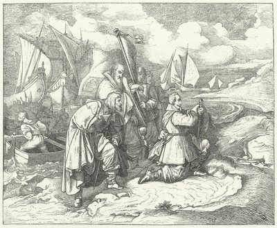 Gustavus Adolphus av Sverige landar i Tyskland för att gå in i trettioåriga kriget av Josef Mathias (after) Trenkwald