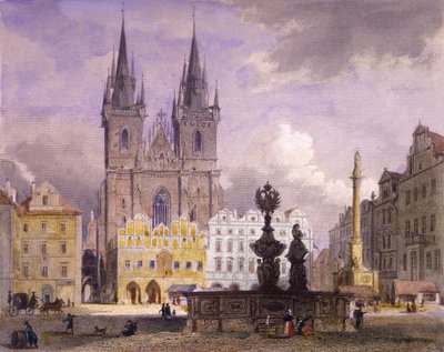 Krocínfontänen, Prag, 1864 (färgat stålgravyr) av Josef Vojtech Hellich