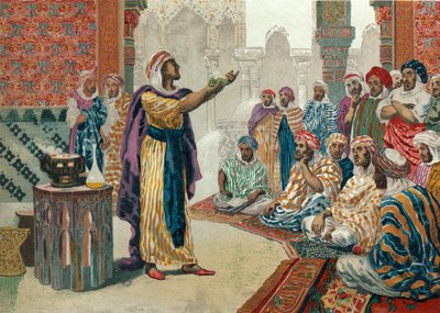 Jabir ibn Hayyan underviser i kemi i Edesaswed av Josep or Jose Planella Coromina
