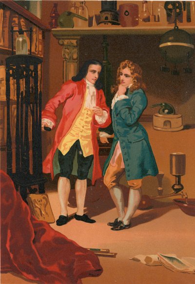 Robert Boyle och Denis Papin inspekterar Papins ångkokare av Josep or Jose Planella Coromina