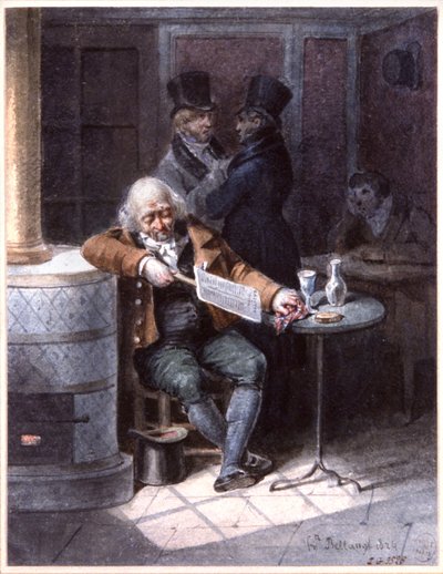 Gammal man som läser tidningen på ett kafé, Paris av Joseph Louis Hippolyte Bellange
