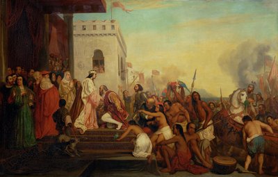 Christopher Columbus mottagen av Ferdinand II och Isabella den katolska på sin återkomst från Indien ... av Joseph Nicolas Robert Fleury