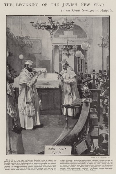 Firar början av det judiska nyåret i Great Synagogue, Aldgate, London (litho) av Joseph (after) Finnemore