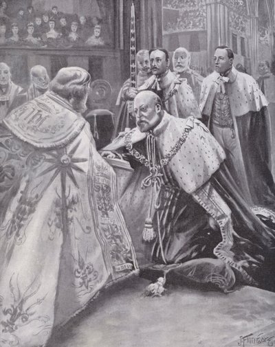 Kung Edward VII avlägger ed vid sin kröning, Westminster Abbey, London av Joseph (after) Finnemore