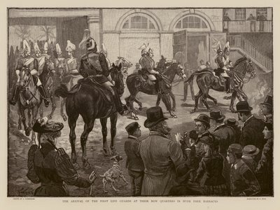 Livgardet anländer till sina nya baracker i Hyde Park, London (gravyr) av Joseph (after) Finnemore