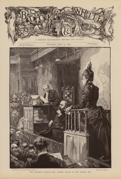 Mrs Arthur Wilson vittnar under rättegången om Baccaratskandalen (gravyr) av Joseph (after) Finnemore