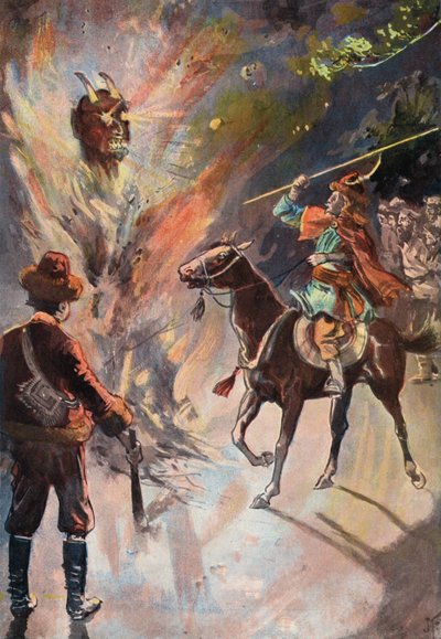 Robinson Crusoe: Destruction of the tartar idol (color litho) av Joseph (after) Finnemore
