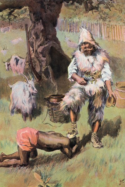 Robinson Crusoe: Han sätter min fot på hans huvud (färg litho) av Joseph (after) Finnemore