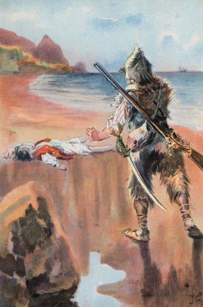 Robinson Crusoe: Jag hittar en drunknad pojke (färg litho) av Joseph (after) Finnemore
