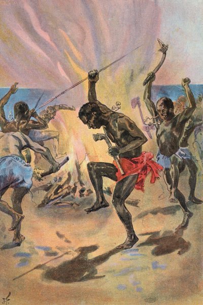 Robinson Crusoe: Jag ser vildarna dansa (färg litho) av Joseph (after) Finnemore