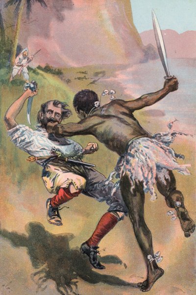 Robinson Crusoe: Spanjaren attackeras av en vilde (färg litho) av Joseph (after) Finnemore