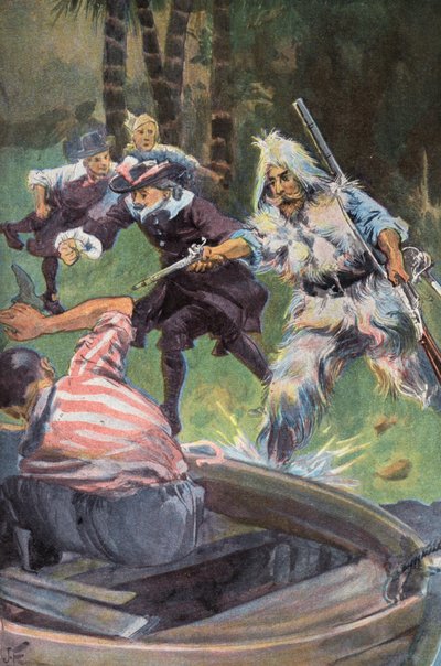 Robinson Crusoe: Vi uppmanar honom att ge efter (färg litho) av Joseph (after) Finnemore