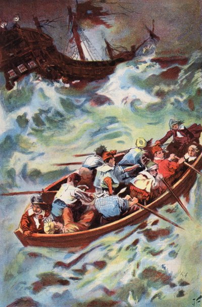 Robinson Crusoe: Vi lämnar vraket (färg litho) av Joseph (after) Finnemore