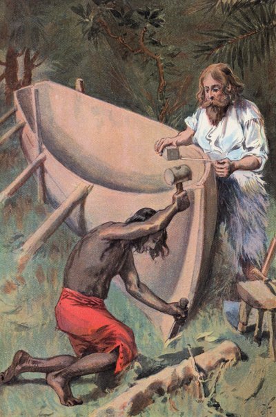 Robinson Crusoe: Vi gör en stor båt (färg litho) av Joseph (after) Finnemore