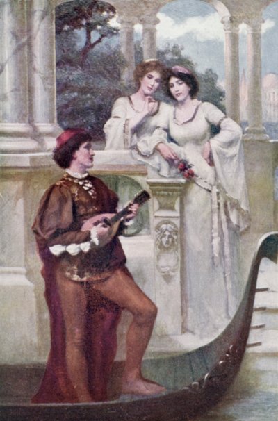 Ung man spelar musik för två damer (färg litho) av Joseph (after) Finnemore