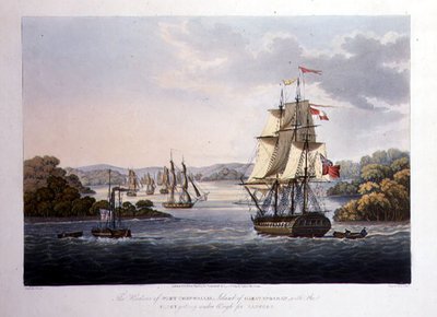 Hamnen i Port Cornwallis. Ön Stora Andaman, med flottan under vägning för Rangoon, graverad av G. Hunt, pub. av Kingsbury & Co., London av Joseph (after) Moore