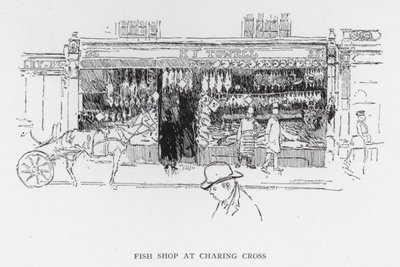 Fiskaffär på Charing Cross (litho) av Joseph (after) Pennell