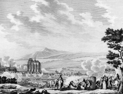 Franska revolutionen och ankomsten av den österrikiska arméns kontrarevolutionära styrkor: Bombardement av staden Lille (25 september av Joseph (after) Swebach Desfontaines