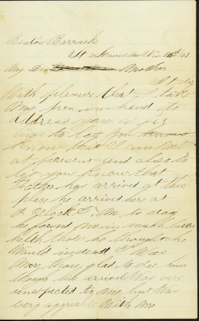 Letter signed Joseph A. Fardell, Benton Barracks, St. Louis, Mo., to Mother, November 12, 1863 av Joseph A. Fardell