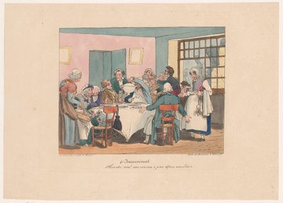 Gezelschap aan tafel aan het fasten Skojar du? Vi har fastat sedan i förrgår (titel på objekt) Ongemakken (serietitel) Nackdel (serietitel på objekt) av Joseph Ambroise Jobard