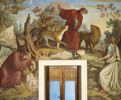 Dante sover, attackerad av vilda djur och möter Vergilius av Joseph Anton Koch
