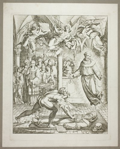 Kampen mellan djävulen och Franciskus av Assisi om Guido da Montefeltros själ, plansch tre ur Darstellungen aus Dante