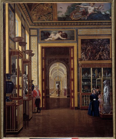Smyckesrummet vid Louvren och enfiladen av Charles X-rummen. Målning av Joseph Auguste (1800-talet) av Joseph Auguste