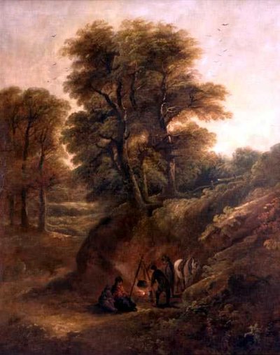 Skogbevuxen landskap med zigenare runt en eld (olja på duk) av Joseph Barker