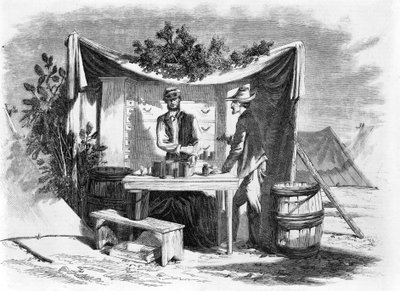 Scener från lägret - ett apotek i armén - sjukhusföreståndaren, från en skiss av vår specialkonstnär Joseph Becker, pub. 1864 av Joseph Becker