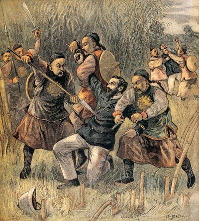 Två franska officerare dödade i Quang - Tcheou - Wan, december 1899, i början av Boxarupproret. Kina av Joseph Belon