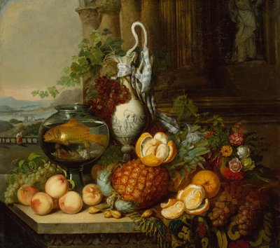Stilleben med frukt, fiskskål och landskap av Joseph Biays Ord