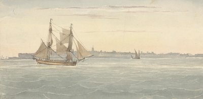 Enskild brigg (?) Ännu ett segelfartyg mot kontur av staden i bakgrunden av Joseph Cartwright