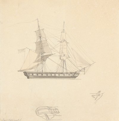 Single Brig; Skisser av separat akter och gummi av Joseph Cartwright