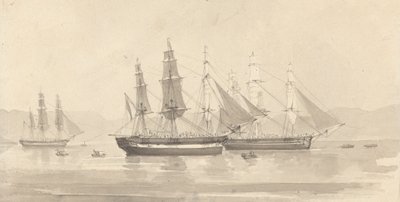 Tre skepp med barkliknande rigg av Joseph Cartwright
