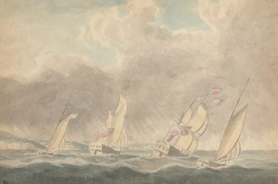 Två krigsslupar, en bark och en skonare (?), Sterns Forward, in Heavy Seas; Flera segelfartyg i bakgrunden av Joseph Cartwright